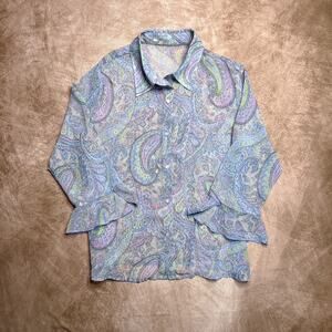 Vintage 90s Sheer Paisley Ruffled Sleeve Blouse Multicolor Button Up Hippie Boho